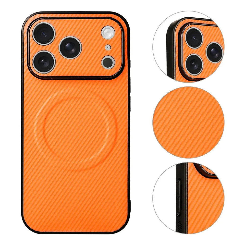 For iPhone 18 Pro / 17 Pro Case Carbon Fiber Texture Leather Coated TPU PC Phone Cover with Metal Ring for Magnetic Car Mount - Orange - 5
