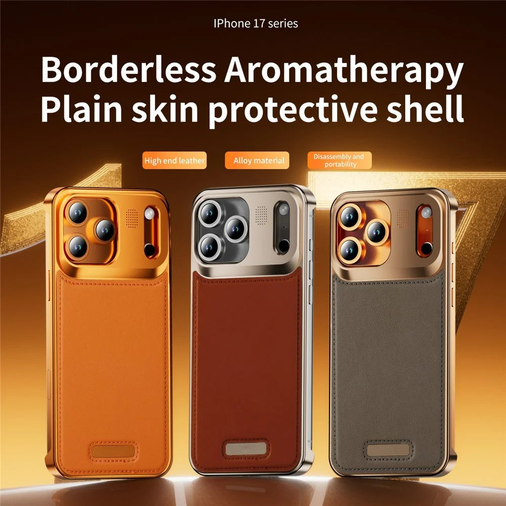For iPhone 17 Pro Magnetic Case PU Leather + Metal Borderless Phone Cover with Aromatherapy Tablet - Orange - 3