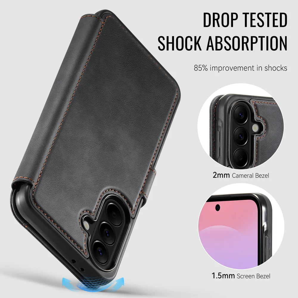 AUTSPACE for Samsung Galaxy A36 5G A15 Case RFID Blocking Wallet Leather Magnetic Phone Cover - Black - 3