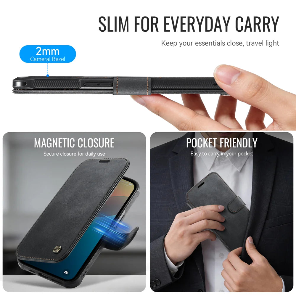 AUTSPACE for iPhone 15 A15 Case RFID Blocking Wallet Leather Magnetic Phone Cover - Black - 4