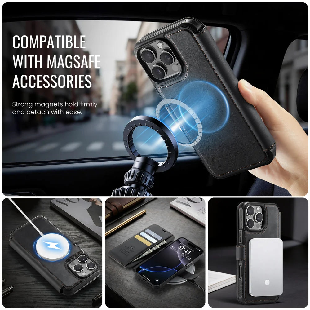 AUTSPACE for iPhone 16 Pro Max A15 Case RFID Blocking Wallet Leather Magnetic Phone Cover - Black - 6