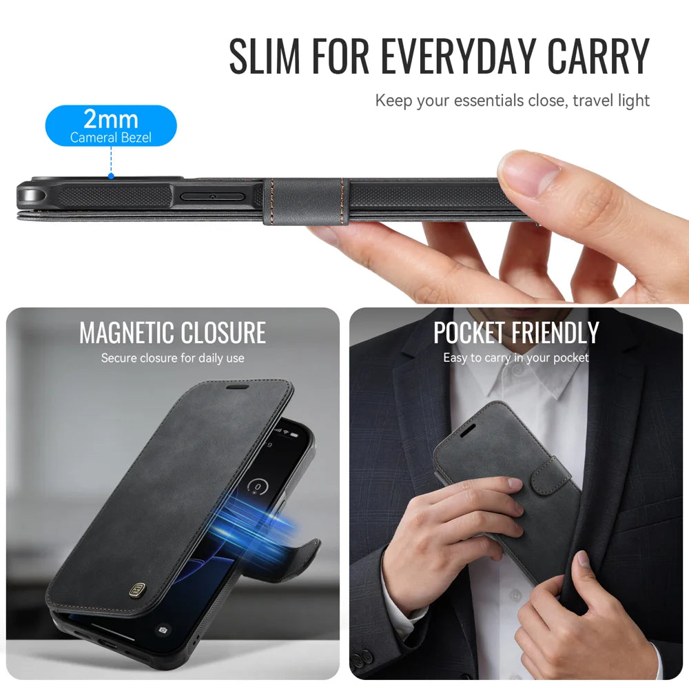 AUTSPACE for iPhone 14 Pro A15 Case RFID Blocking Wallet Leather Magnetic Phone Cover - Black - 4