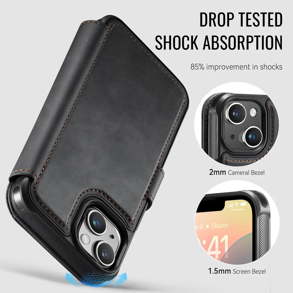 AUTSPACE for iPhone 13 A15 Case RFID Blocking Wallet Leather Magnetic Phone Cover - Black - 3
