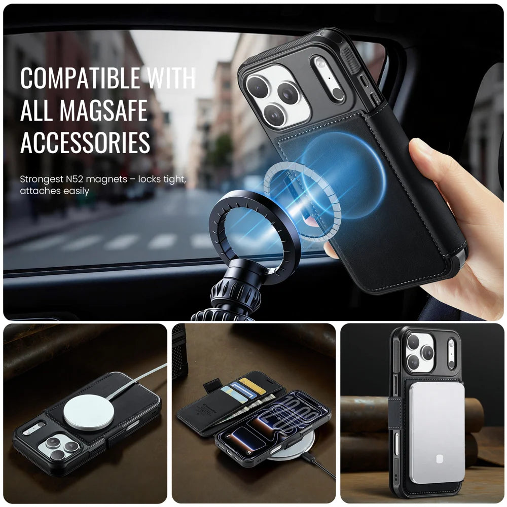 CASEME for iPhone 18 Pro / 17 Pro Case 053 Magnetic RFID Blocking Wallet Flip Leather Phone Cover - Black - 3