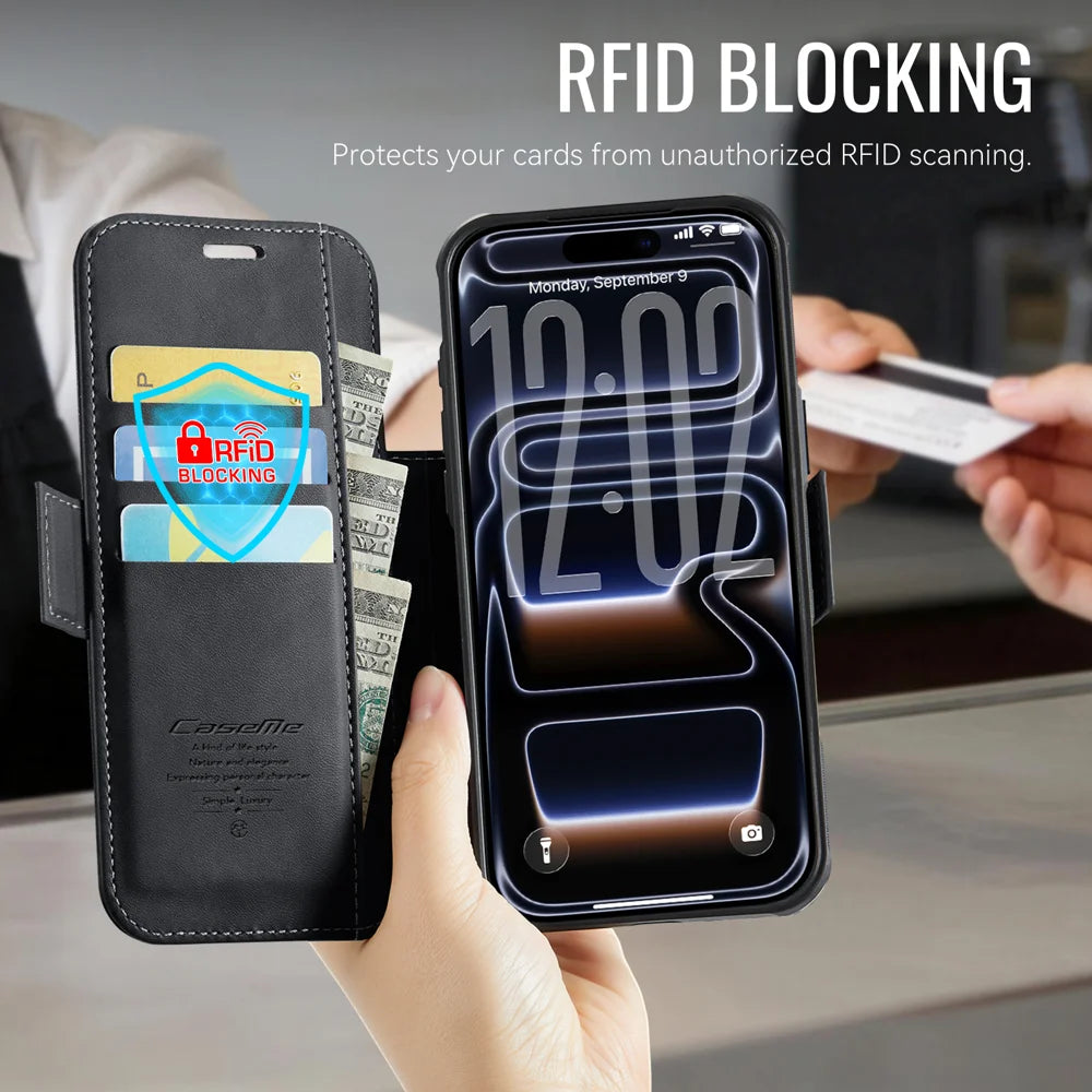CASEME for iPhone 18 Pro / 17 Pro Case 053 Magnetic RFID Blocking Wallet Flip Leather Phone Cover - Black - 5