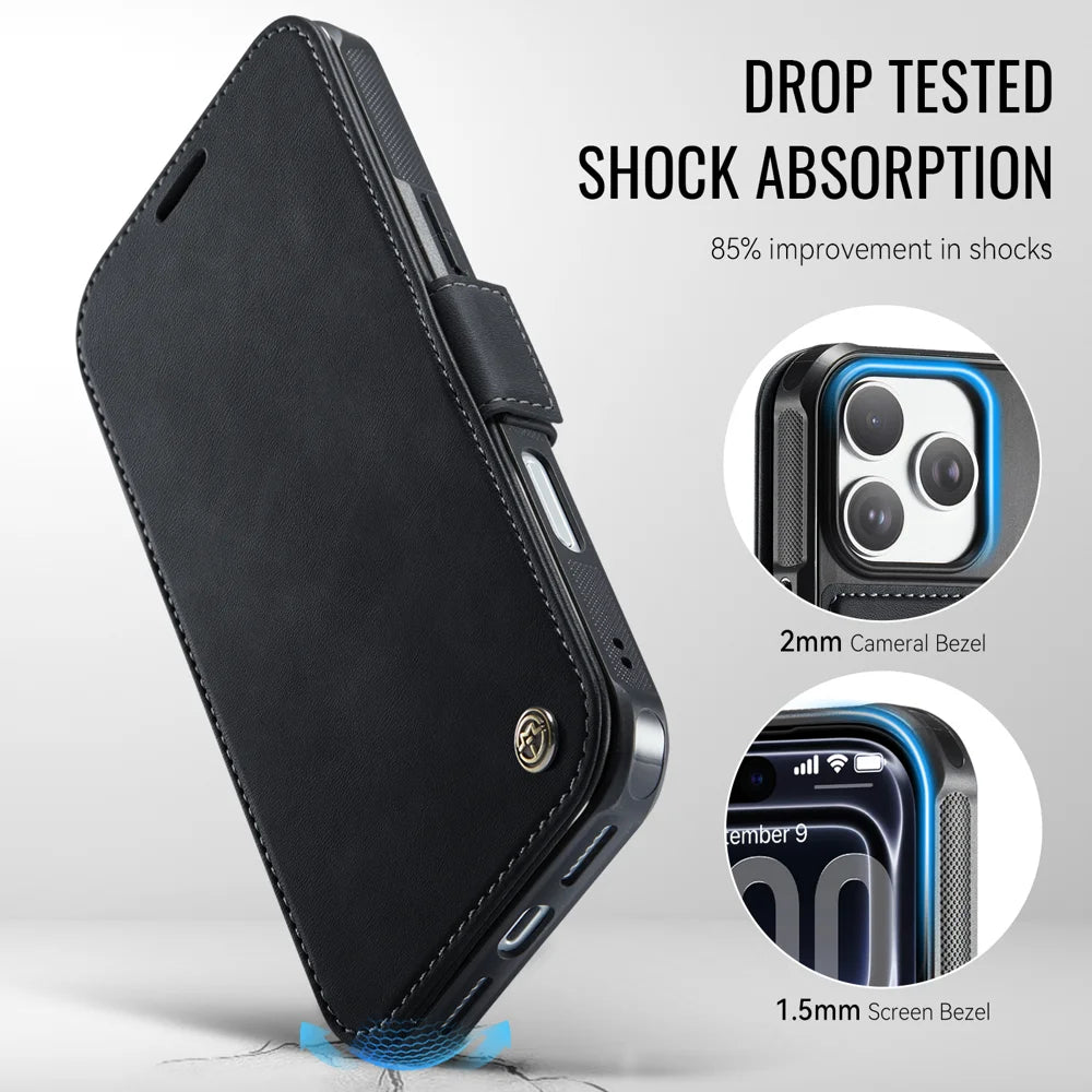 CASEME for iPhone 18 Pro / 17 Pro Case 053 Magnetic RFID Blocking Wallet Flip Leather Phone Cover - Black - 7