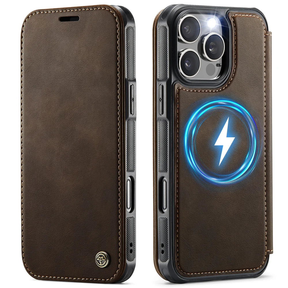 CASEME for iPhone 14 Pro Case 053 Magnetic RFID Blocking Wallet Flip Leather Phone Cover - Coffee - 1