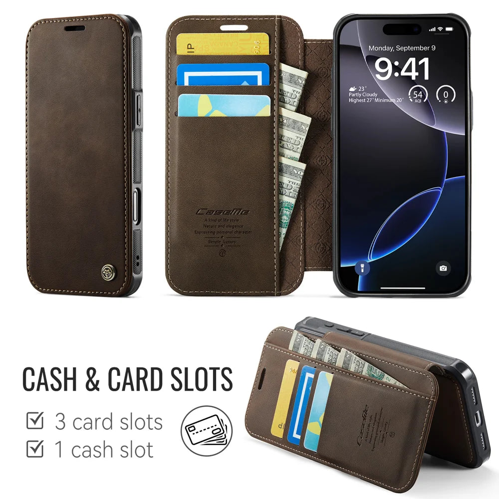 CASEME for iPhone 14 Pro Case 053 Magnetic RFID Blocking Wallet Flip Leather Phone Cover - Coffee - 2
