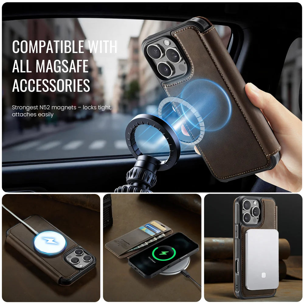 CASEME for iPhone 14 Pro Case 053 Magnetic RFID Blocking Wallet Flip Leather Phone Cover - Coffee - 3