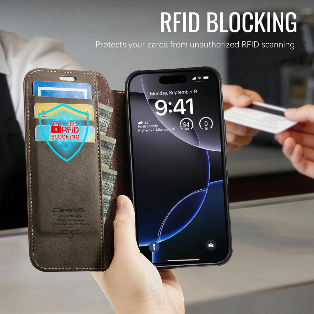 CASEME for iPhone 14 Pro Case 053 Magnetic RFID Blocking Wallet Flip Leather Phone Cover - Coffee - 5