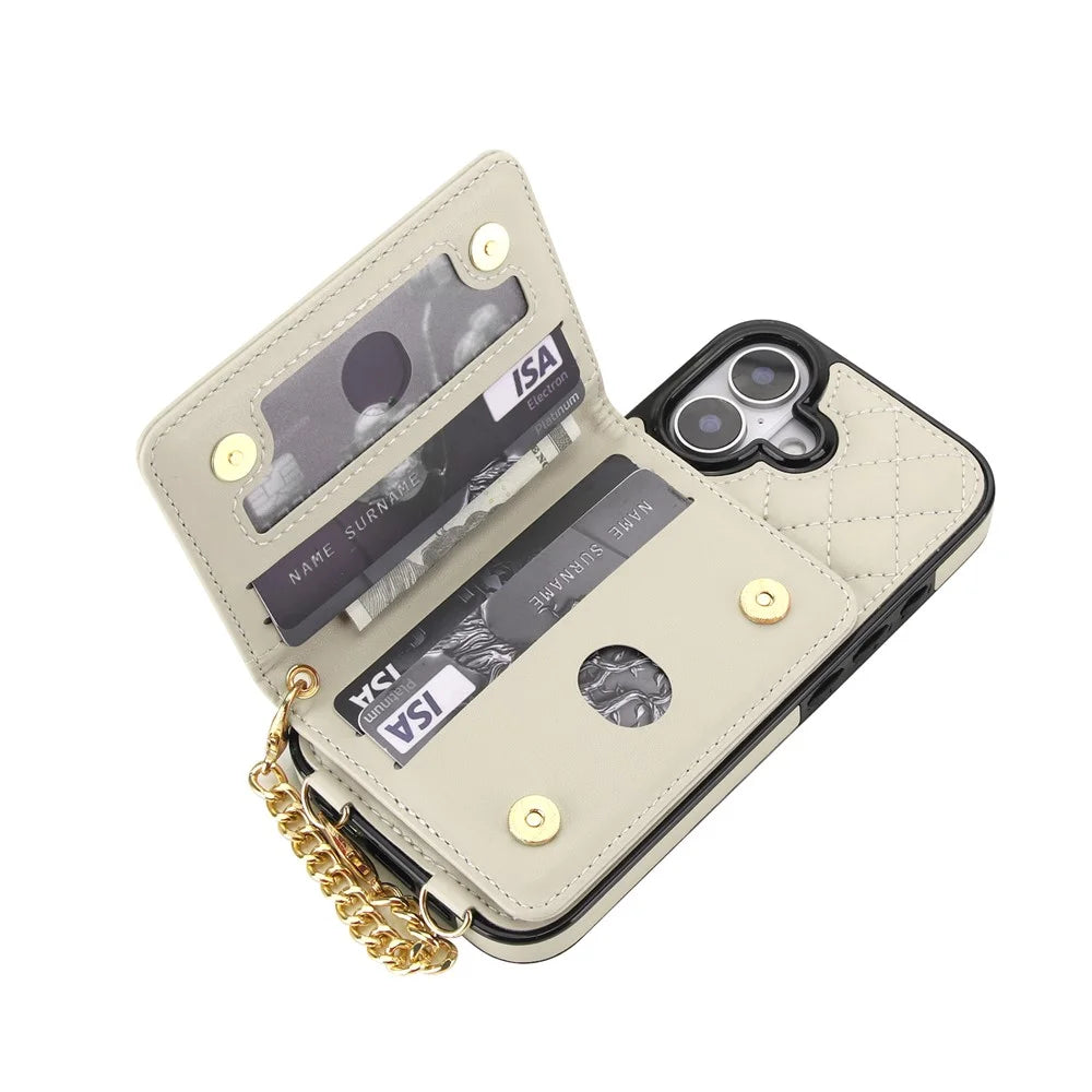 For iPhone 17 Magnetic Case Detachable Card Holder Kickstand PU Leather Phone Back Cover with Wrist Strap + Long Strap - White - 4