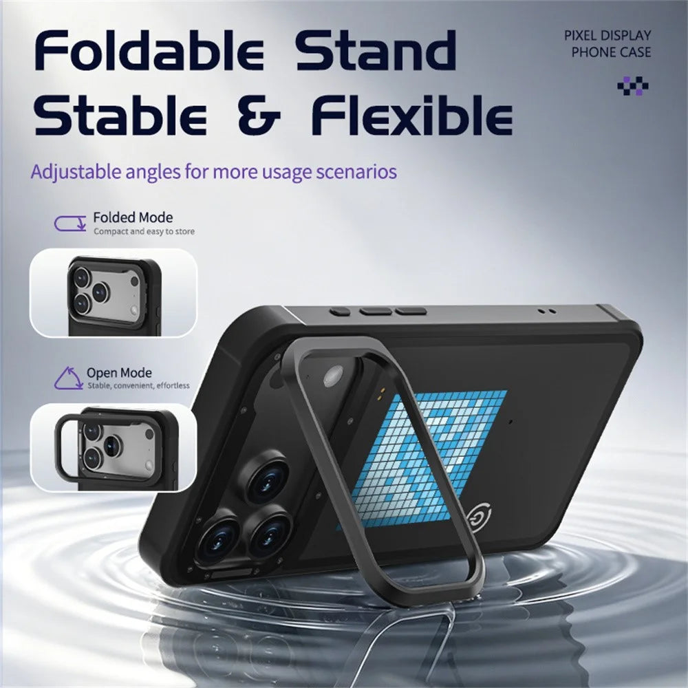 For iPhone 17 Pro LED Pixel Case DIY Animated Custom Screen Phone Cover with Foldable Kickstand - Black - 5