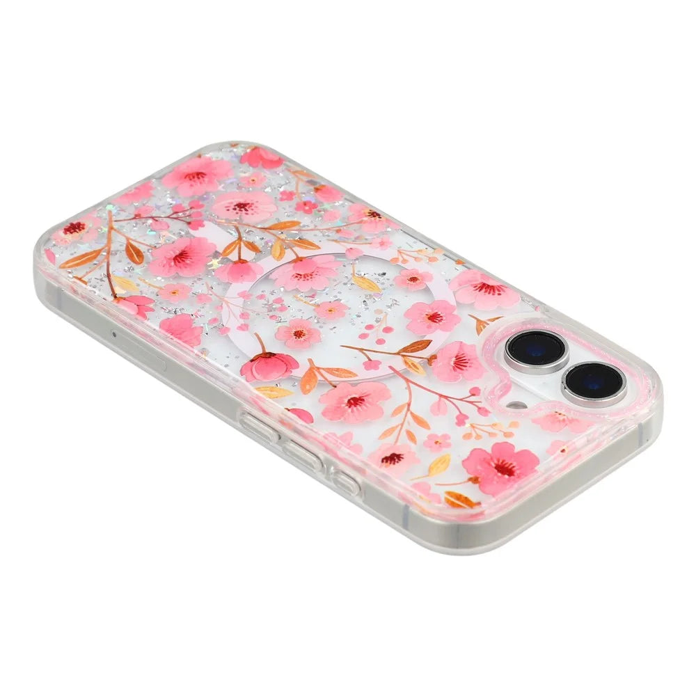 For iPhone 16 Magnetic Case Glitter Epoxy PC + TPU Floral Aesthetic Phone Cover - Pink Peach Blossoms - 4