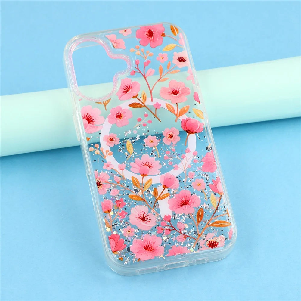 For iPhone 16 Magnetic Case Glitter Epoxy PC + TPU Floral Aesthetic Phone Cover - Pink Peach Blossoms - 5