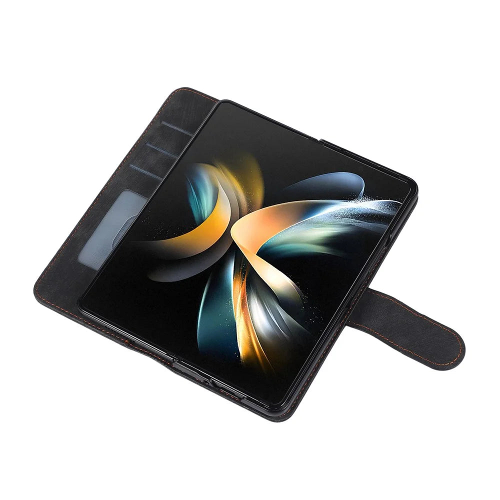 For Samsung Galaxy Z Fold8 Ultra Case PU Leather Wallet Phone Cover with Wrist Strap / Pen Holder - Black - 6