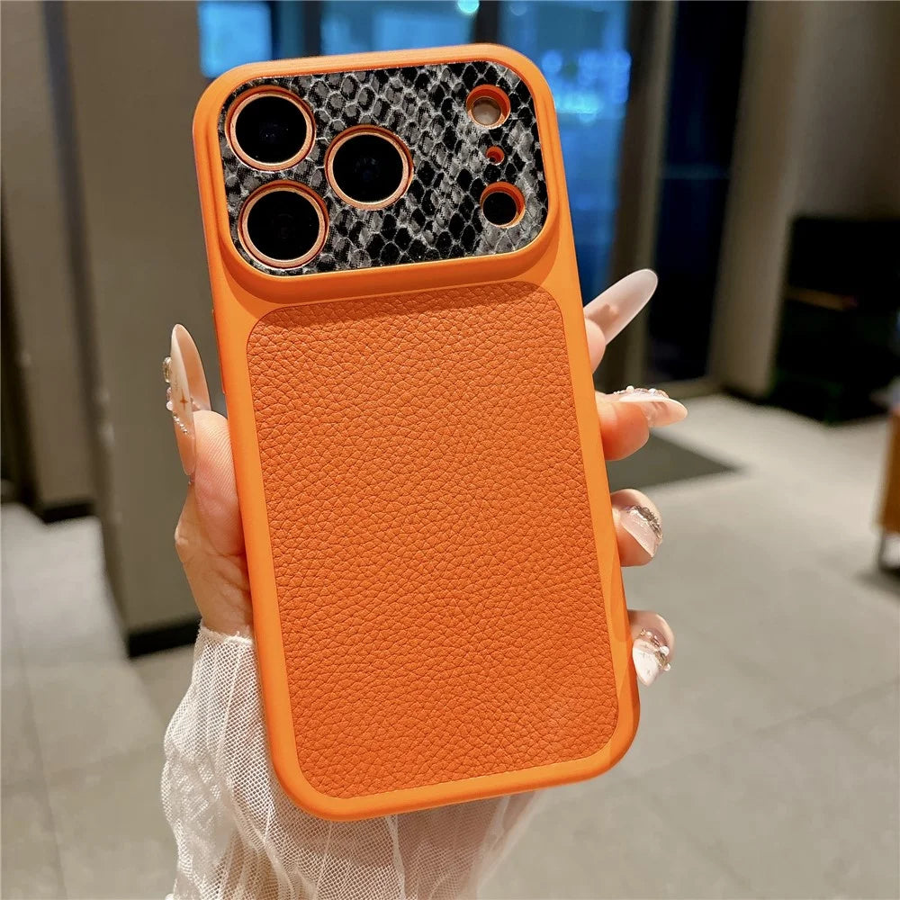 For iPhone 17 Pro TPU Case Genuine Cow Leather Litchi Texture + Snake Texture Protective Cover - Orange - 2