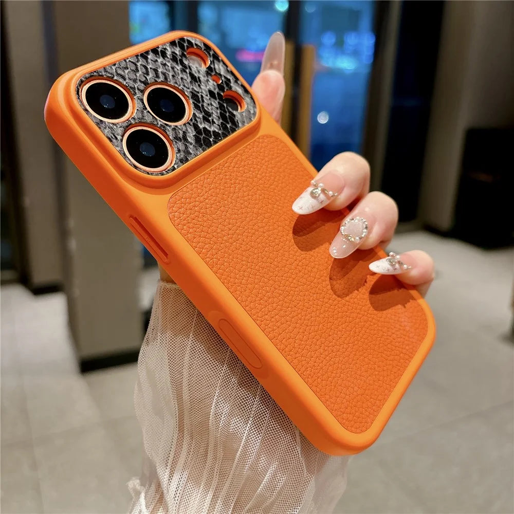For iPhone 17 Pro TPU Case Genuine Cow Leather Litchi Texture + Snake Texture Protective Cover - Orange - 3