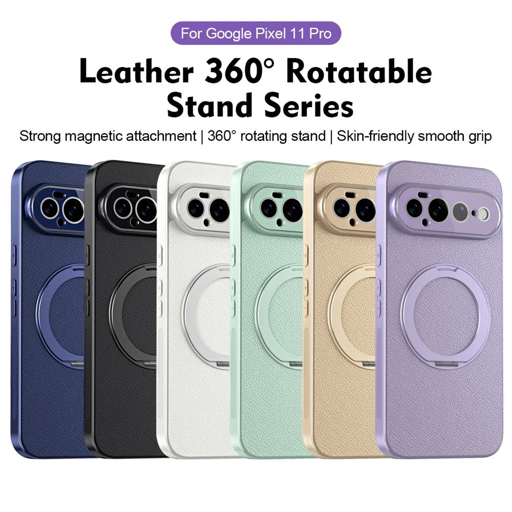 For Google Pixel 11 Pro Case Rotating Magnetic Kickstand Leather Anti-Slip Back Cover with Tempered Glass Screen Protector - Purple - 7