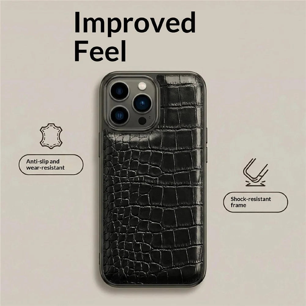 For iPhone 17 Pro Max Case Electroplated Crocodile Texture Shockproof Leather Back Cover - Black - 2