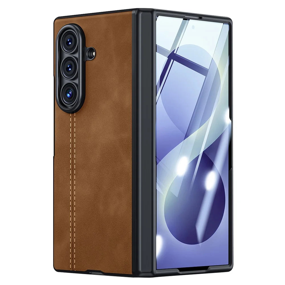 For Samsung Galaxy Z Fold8 Ultra Case Hinge Protection Leather + PC Phone Cover with HD Clear Tempered Glass Film - Brown - 1