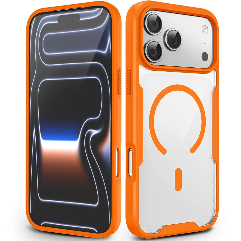For iPhone 17 Pro Max / 18 Pro Max Magnetic Case TPU Frame Clear PC Back Anti-drop Phone Cover - Orange - 1