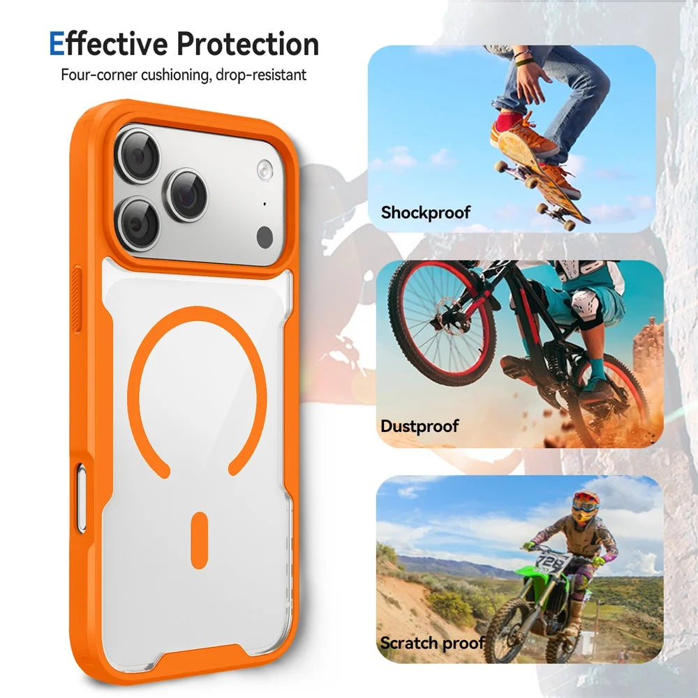 For iPhone 17 Pro Max / 18 Pro Max Magnetic Case TPU Frame Clear PC Back Anti-drop Phone Cover - Orange - 4