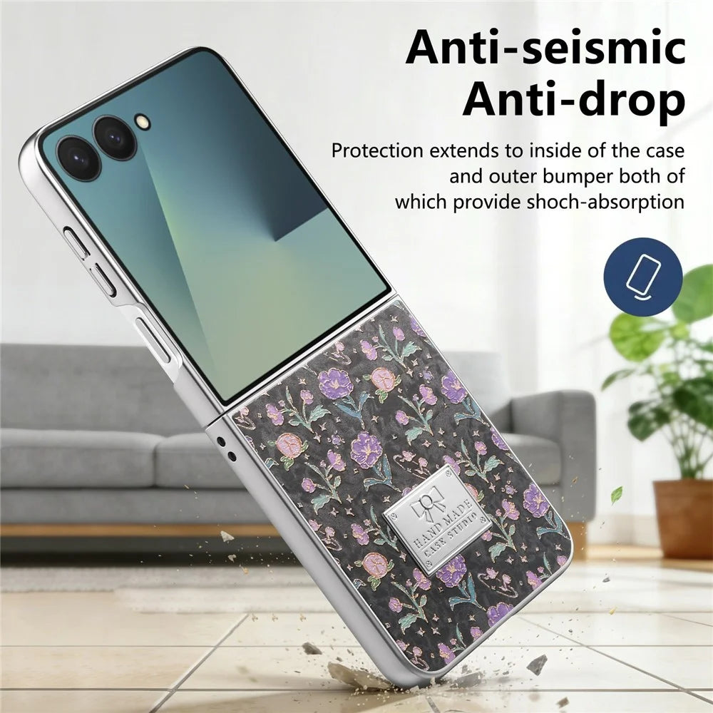 For Samsung Galaxy Z Flip8 Case Electroplating Floral Pattern PU Leather + Hard PC Phone Cover - Black - 6