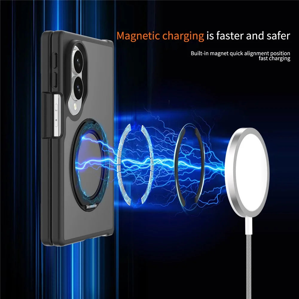 For Samsung Galaxy Z Fold8 Case Rotating Magnetic Kickstand TPU + Acrylic Skin-feel Phone Cover with Front Frame - Blue - Black - 6