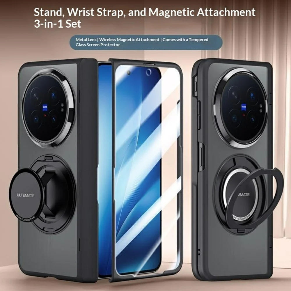 For vivo X Fold6 5G Magnetic Case Hand Strap Kickstand 2-in-1 Phone Cover with Tempered Glass Film - Black - 3