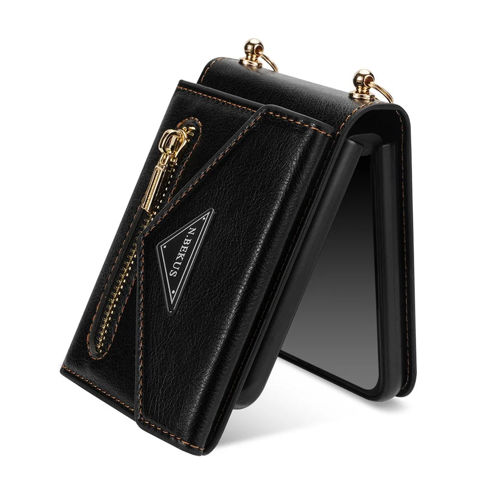 N.BEKUS PU Leather Coated PC Case for Samsung Galaxy Z Flip3 5G, Drop Proof Card Slots Holder Zipper Pocket Protective Back Cover with Shoulder Strap - Black - 7