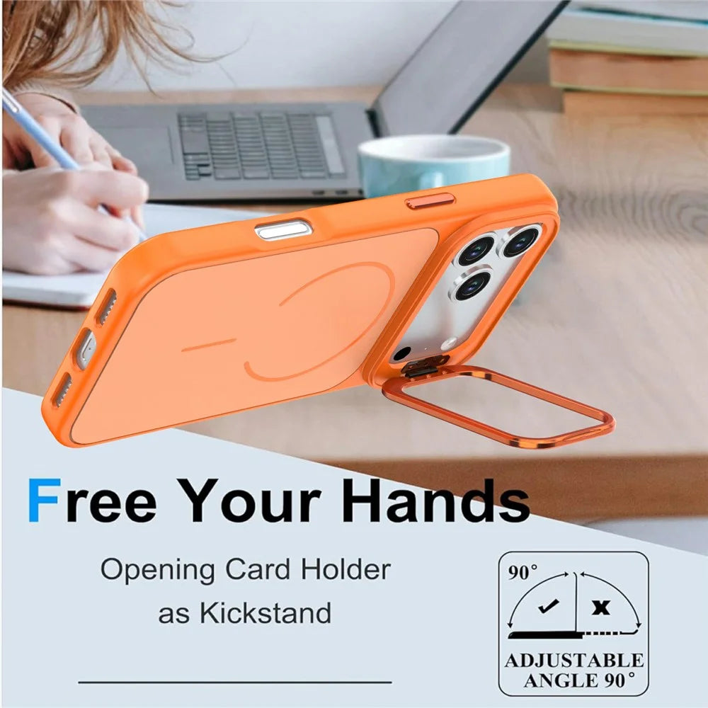 For iPhone 18 Pro / 17 Pro Case Skin-touch PC + TPU Magnetic Phone Cover with Lens Frame Kickstand - Orange - 5