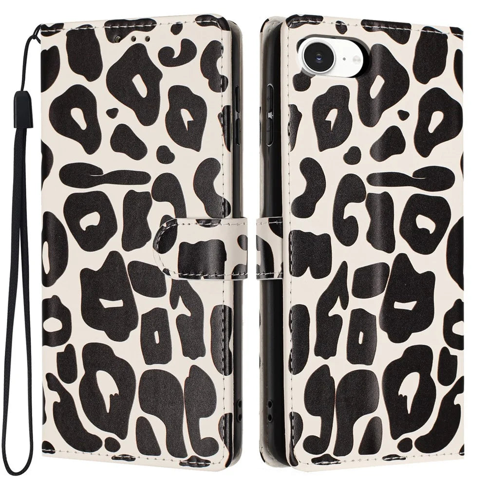 For iPhone 17e / 16e Case Leopard Print Wallet Stand Flip Leather Phone Cover with Wrist Strap - Black - 1