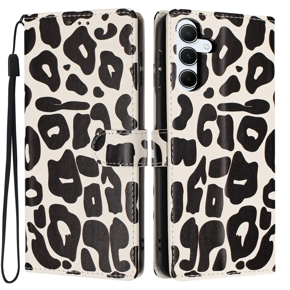 For Samsung Galaxy A25 5G (Global) (161mm) Case Leopard Print Wallet Stand Flip Leather Phone Cover with Wrist Strap - Black - 1