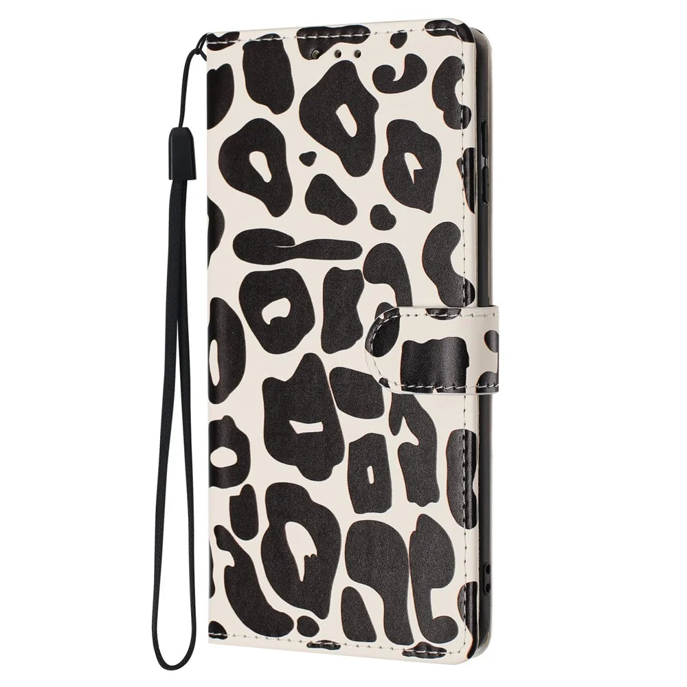 For Samsung Galaxy A25 5G (Global) (161mm) Case Leopard Print Wallet Stand Flip Leather Phone Cover with Wrist Strap - Black - 6