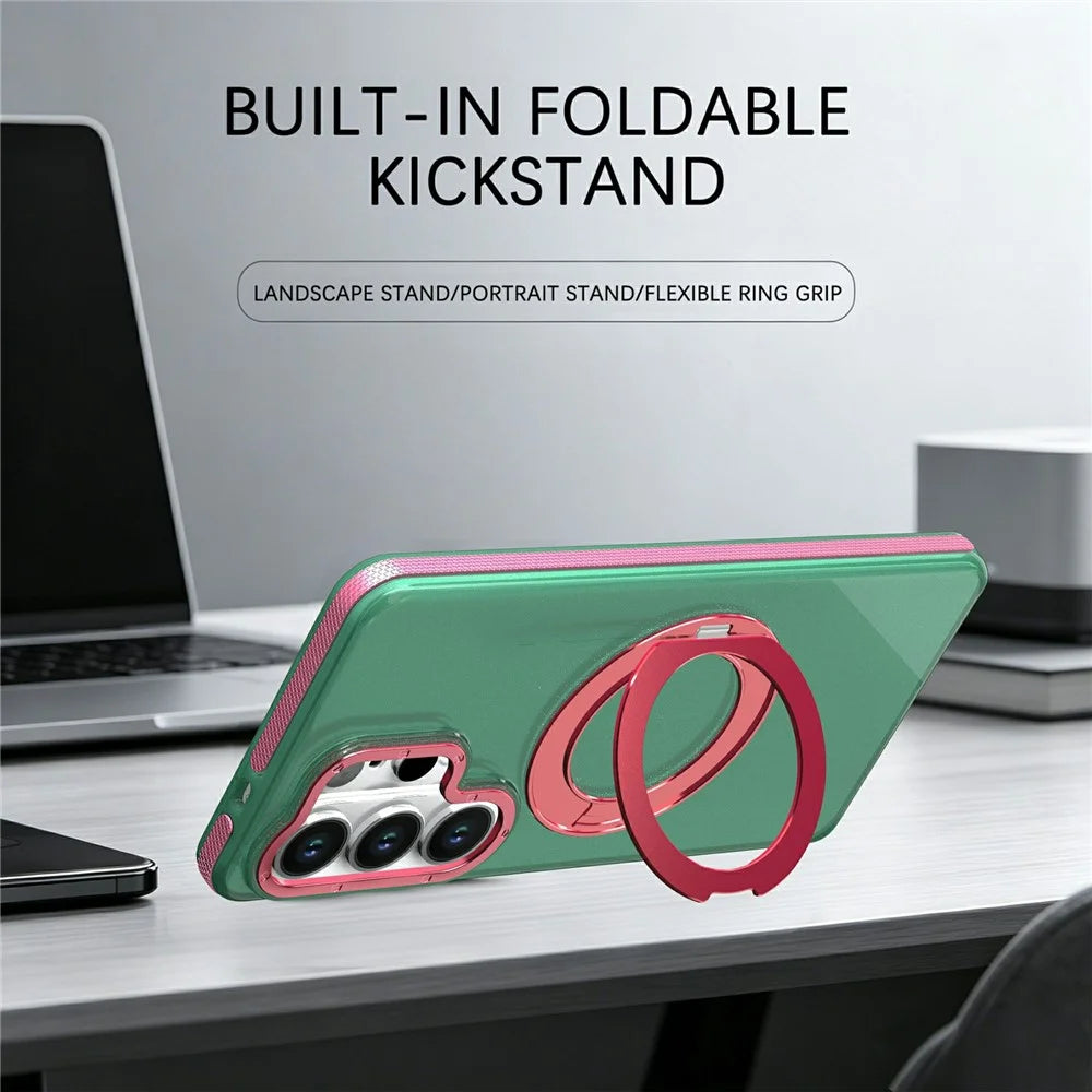 For Samsung Galaxy S25 Ultra Case Rotating Kickstand Contrasting Color Design PC + TPU Phone Cover - Green - 2