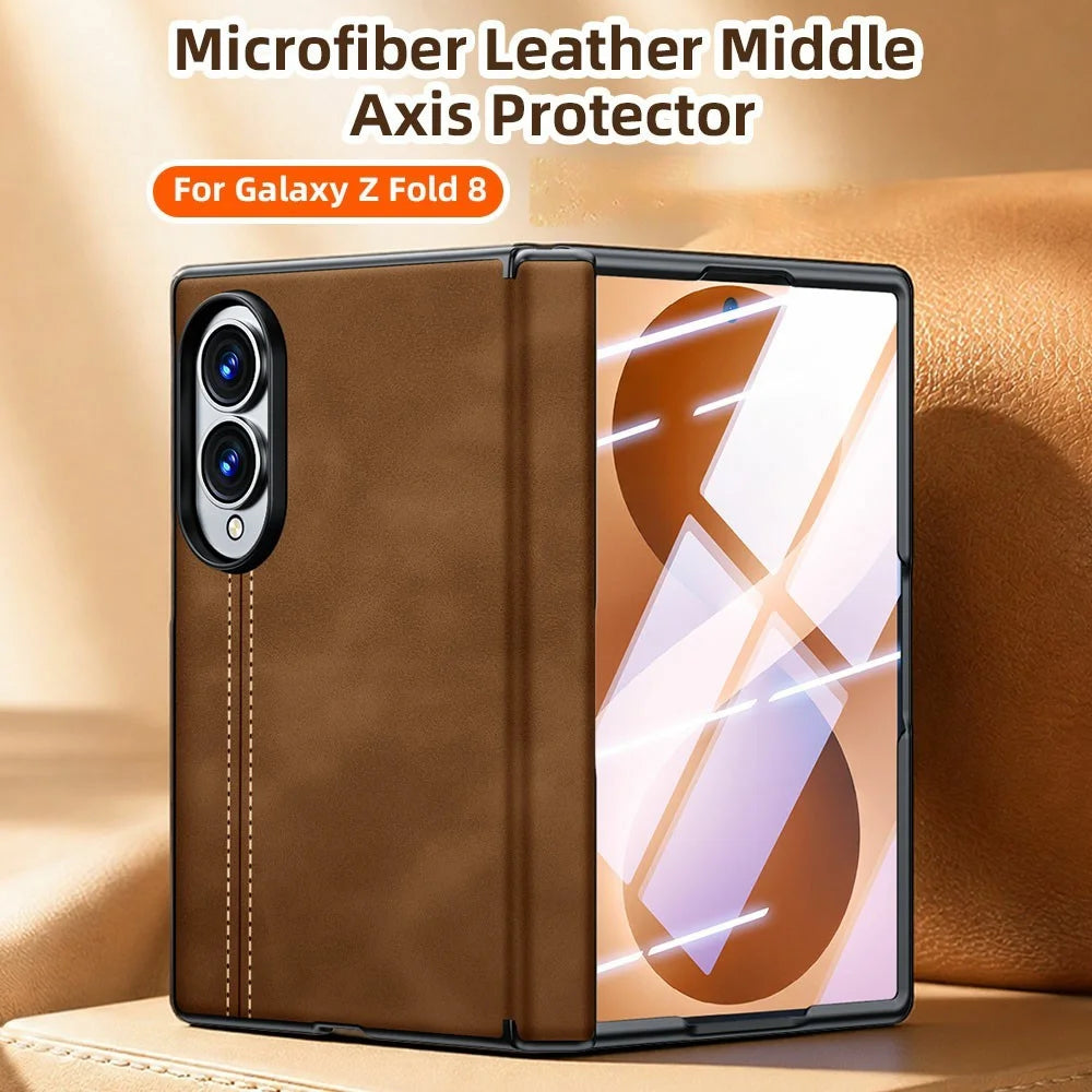 For Samsung Galaxy Z Fold8 Case Hinge Protection Leather + PC Phone Cover with HD Clear Tempered Glass Film - Brown - 2