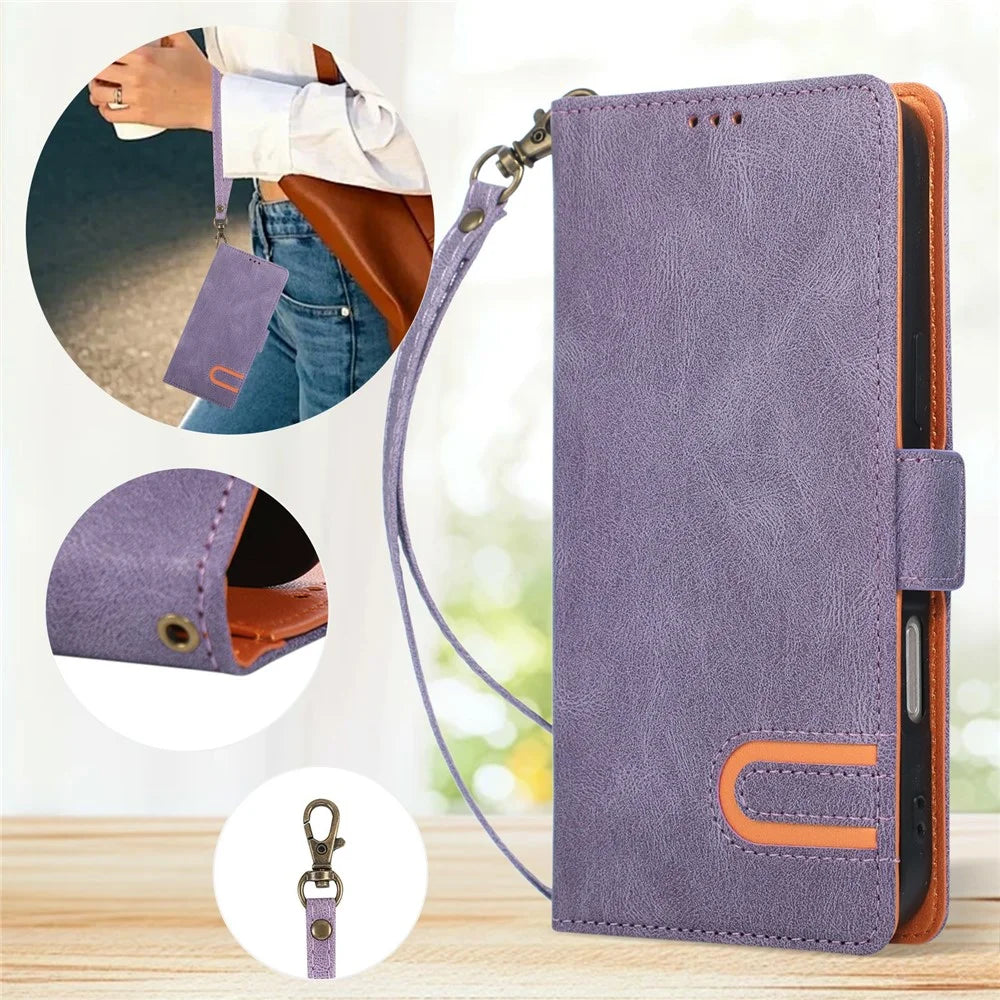 For iPhone 17 Pro / 18 Pro Case U-Shape Decoration Magnetic Side Clasp Wallet Leather Phone Cover with Wrist Strap - Purple - 7