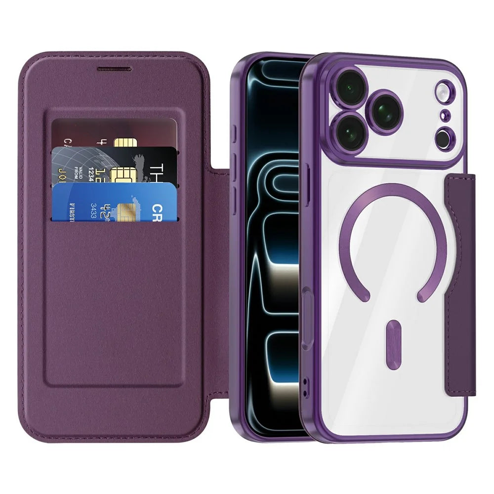 For iPhone 18 Pro Max Magnetic Case RFID Blocking Card Holder Leather Phone Cover with Lens Film - Dark Purple - 2