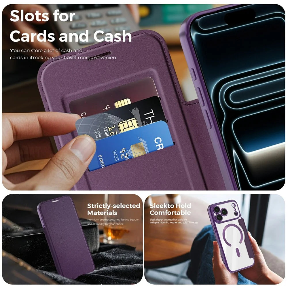 For iPhone 18 Pro Max Magnetic Case RFID Blocking Card Holder Leather Phone Cover with Lens Film - Dark Purple - 3