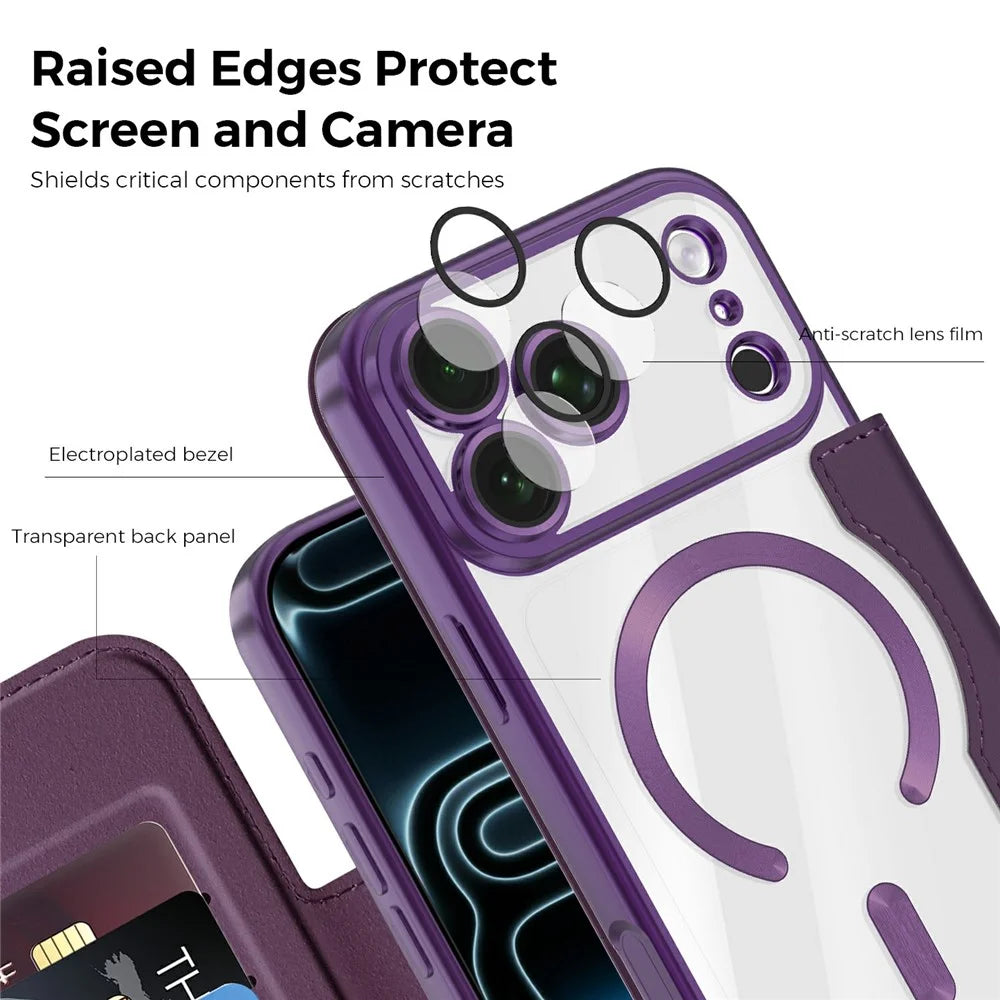 For iPhone 18 Pro Max Magnetic Case RFID Blocking Card Holder Leather Phone Cover with Lens Film - Dark Purple - 7