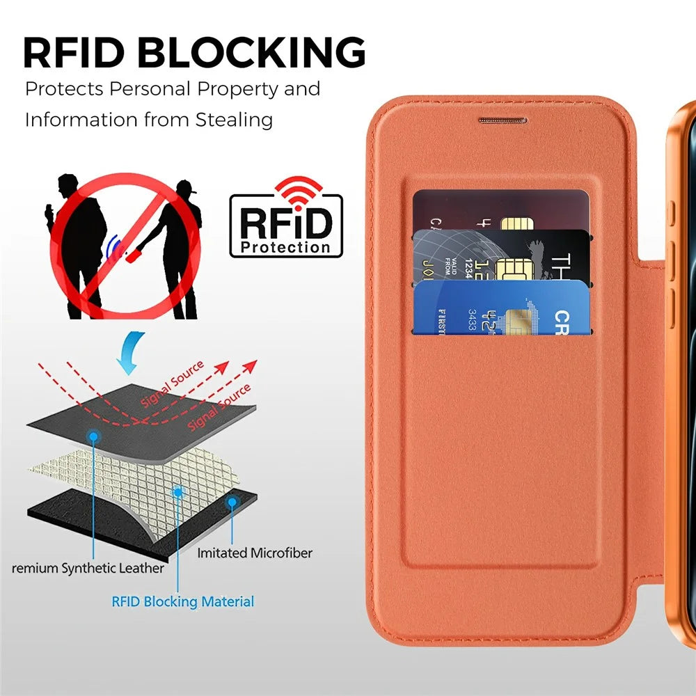 For iPhone 18 Pro Max Magnetic Case RFID Blocking Card Slots Leather Cover - Orange - 4
