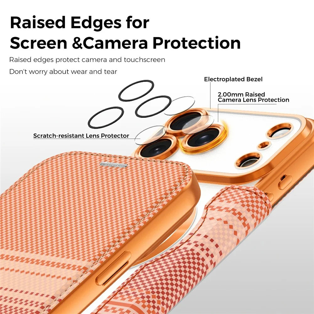 For iPhone 18 Pro Max Magnetic Case RFID Blocking Card Slots Leather Cover - Orange - 6