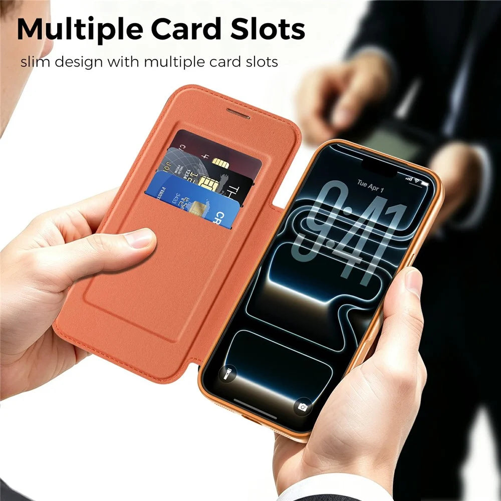 For iPhone 18 Pro Max Magnetic Case RFID Blocking Card Slots Leather Cover - Orange - 7