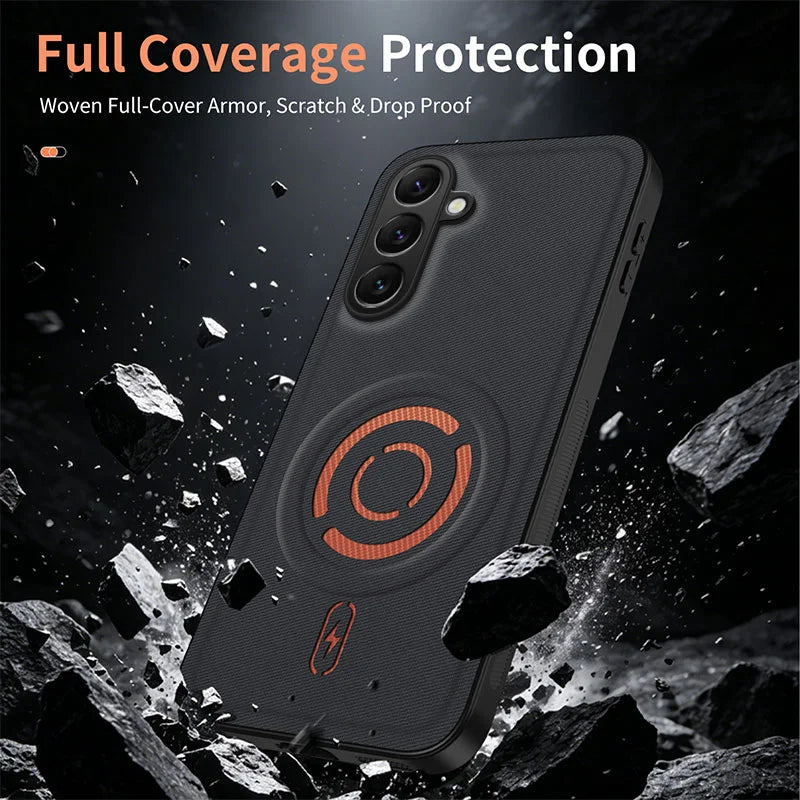 WANLONFENG for Samsung Galaxy S25 FE KJB Series Magnetic Case Tech Fabric Texture PC+TPU Shockproof Phone Cover - Black - 4
