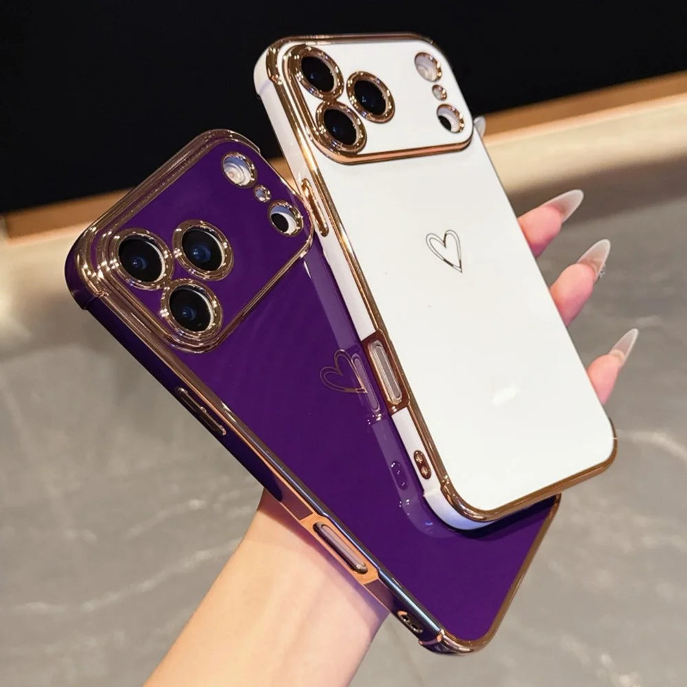 For iPhone 17 Pro Max Case Love Heart Pattern TPU Phone Cover Electroplating Edge - Orange - 6