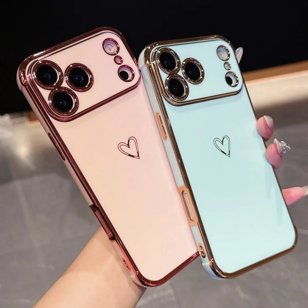 For iPhone 17 Pro Max Case Love Heart Pattern TPU Phone Cover Electroplating Edge - Orange - 7