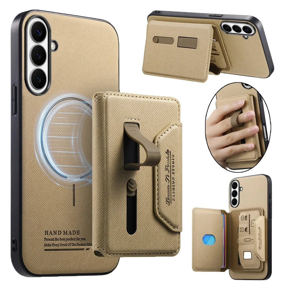 For Samsung Galaxy A27 5G Magnetic Case PU Leather + PC + TPU Anti-Scratch Back Cover with Detachable Card Holder - Khaki - 1