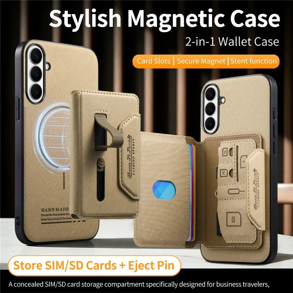 Magnetic Case For Samsung Galaxy A18 4G / A18 5G / A17 4G / A17 5G , PU Leather + PC + TPU Anti-Scratch Back Cover with Detachable Card Holder - Khaki - 3
