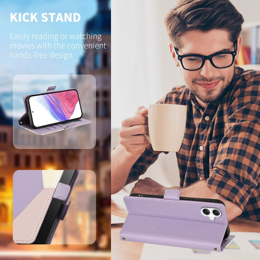 For Samsung Galaxy A08 4G / Galaxy A07 4G / Galaxy A07 5G / Galaxy A06 4G / Galaxy A06 5G / Galaxy F07 4G / Galaxy M07 4G / Galaxy M17e 5G / Galaxy F70e 5G / Galaxy A08 5G Case Color Stitching RFID Blocking Wallet Flip Leather Phone Cover with Wrist - 2