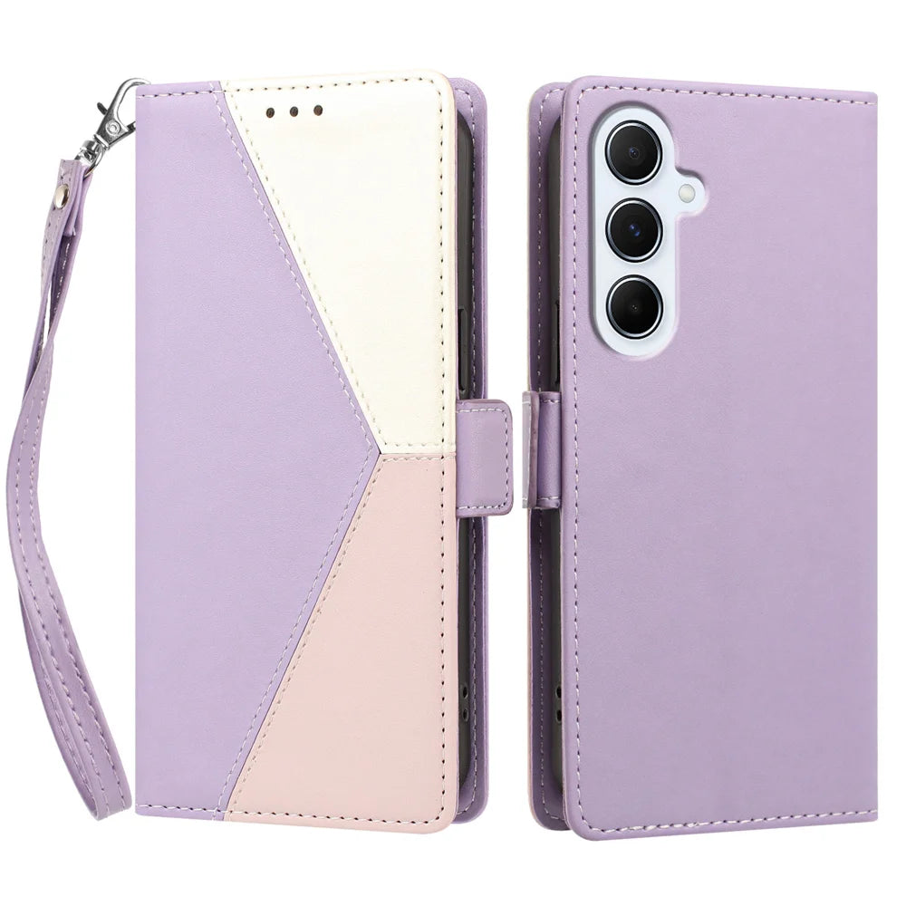 For Samsung Galaxy A18 5G / Galaxy A17 5G / Galaxy A17 4G / Galaxy A26 5G / Galaxy F17 5G / Galaxy M17 5G / Galaxy A18 4G Case Color Stitching RFID Blocking Wallet Flip Leather Phone Cover with Wrist Strap - Light Purple - 1